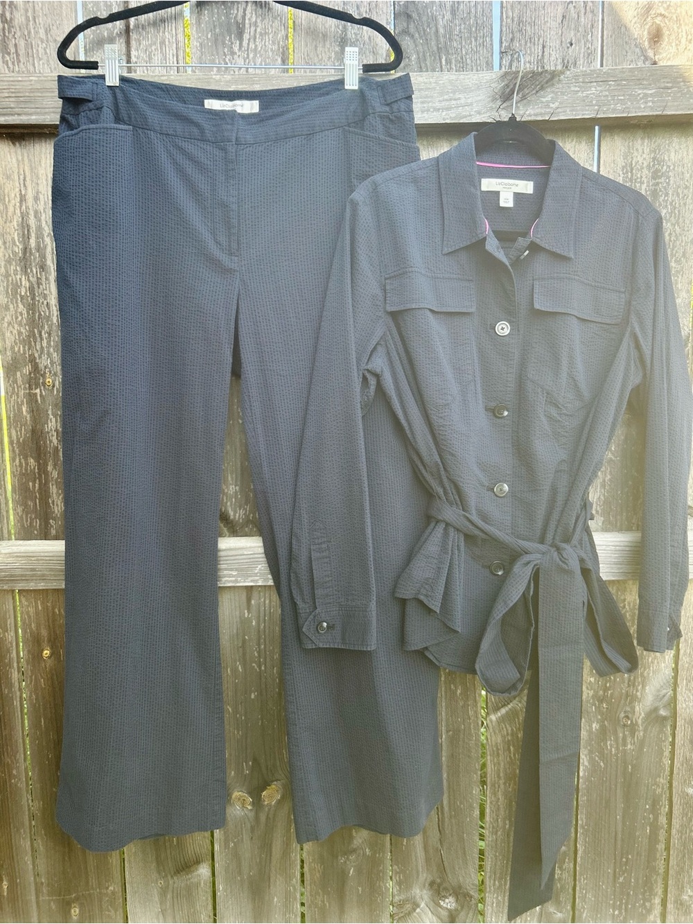 Liz Claiborne NY Seersucker 2Pc Jackie Belted Blazer Wide Leg Suit Set 14W Navy